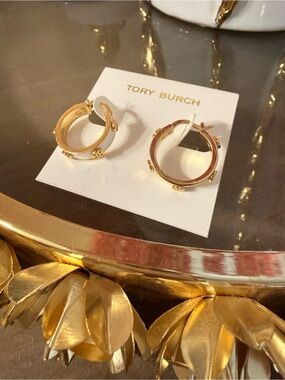 Tory Burch  Gold and White Enamel Logo-Hoop Earrings